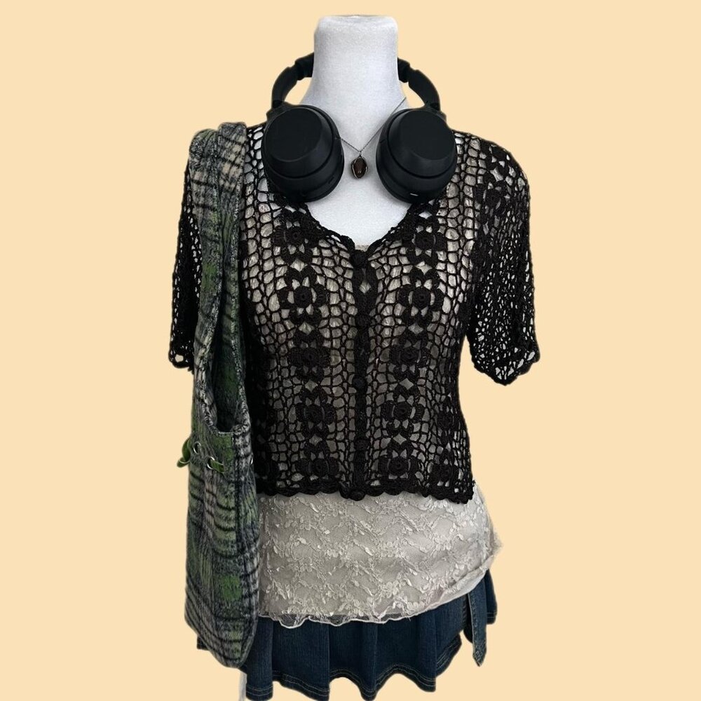 y2k brown crochet whimsygoth boho granola cropped netted top